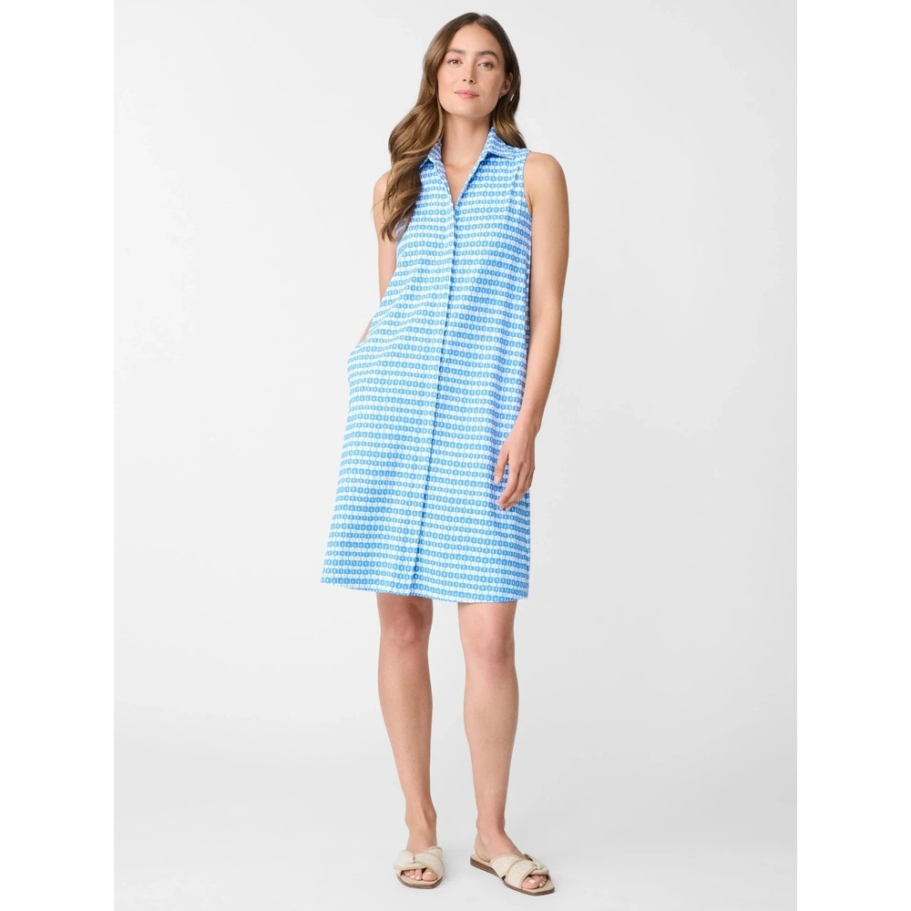 J.McLaughlin Shirt Dress Women Sz L Blue Aberdeen Geo Stretch Pockets Sleeveless